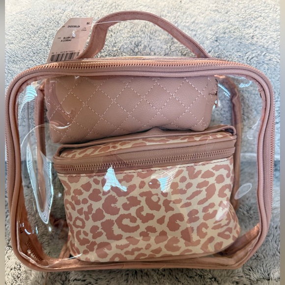 Handbags - Women’s Clear Travel - Cosmetic Bag Set in Blush Leopard. 3 Piece
